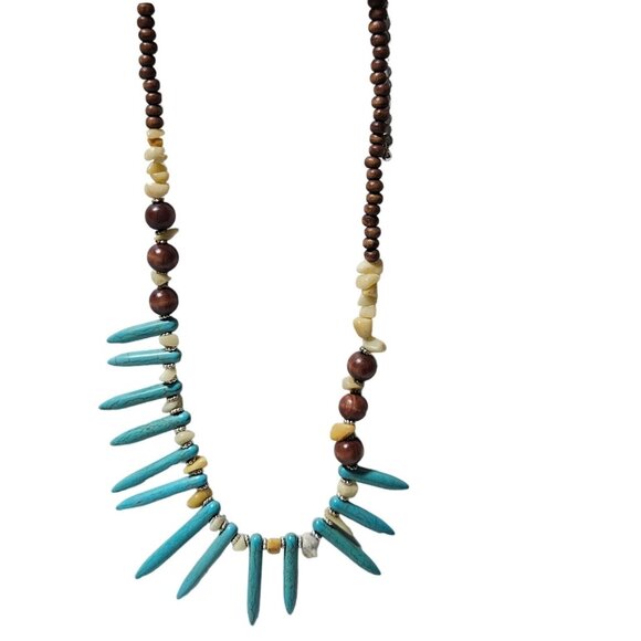 Decree Tribal Design Turquoise Brown Beaded Necklace Natural Stone Accents - Picture 1 of 7
